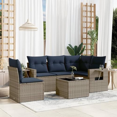 Qnhdfrt 6-Teiliges Gartensofa Set Polyrattan Gartenmöbel Balkonmöbel mit klappbaren Beistelltischen & Glastisch 55x55cm grau Marineblau Kissen für Balkon Terrasse Lounge von Qnhdfrt