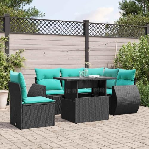 Qnhdfrt 6-Teiliges Gartensofa Set aus Schwarzem Polyrattan mit Höhenverstellbarem Glastisch & Blauen Kissen, Modular Sitzgruppe 100 x 55 cm, UV-beständige Outdoor Lounge für Balkon Terrasse Garten Qnhdfrt 6-Teiliges Gartensofa Set aus Schwarzem Polyrattan mit Höhenverstellbarem Glastisch & Blauen Kissen, Modular Sitzgruppe 100 x 55 cm, UV-beständige Outdoor Lounge für Balkon Terrasse Garten von Qnhdfrt
