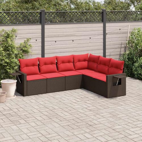 Qnhdfrt 6-Teiliges Gartensofa Set aus braunem Polyrattan mit roten Bezügen klappbarer Beistelltisch modularer Lounge für Balkon Terrasse und kleine Gärten von Qnhdfrt
