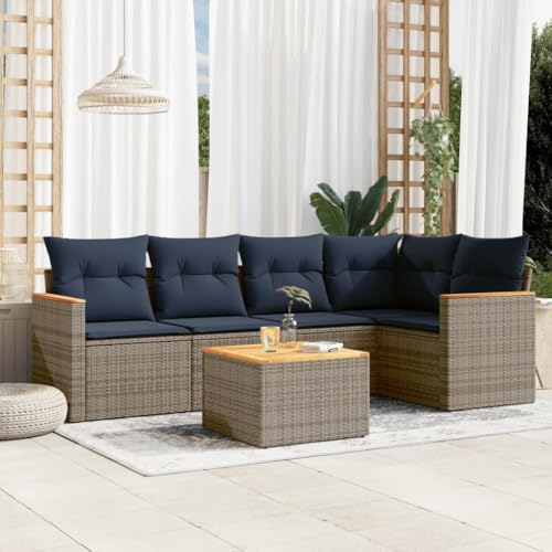 Qnhdfrt 6-Teiliges Gartensofa Set grau Polyrattan Eck Mittel Armlehne Bank Tisch Akazienholzplatte modular für kleine Balkone Terrasse Garten Lounge platzsparend Outdoor Möbel mit Marineblauen Kissen von Qnhdfrt