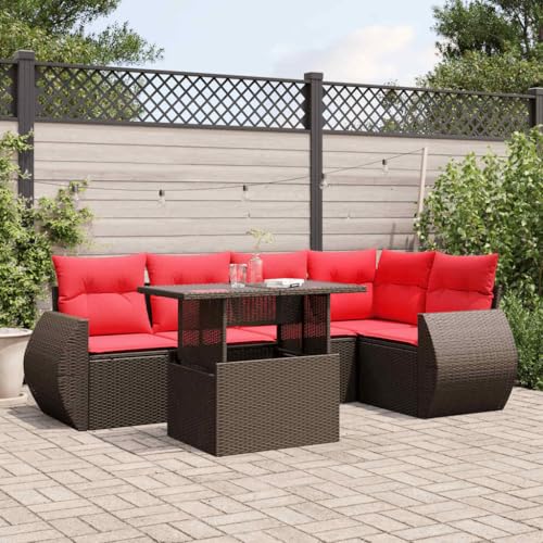 Qnhdfrt 6-Teiliges Polyrattan Gartenmöbel Set 100 x 55 cm höhenverstellbarer Glastisch, braun-rot, 5 Sitzplätze mit abnehmbaren Kissen für Balkon Terrasse Garten von Qnhdfrt