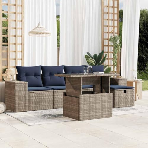 Qnhdfrt 6-Teiliges Polyrattan Gartensofa Set Grau mit Höhenverstellbarem Glastisch Marineblaue Kissen Modular Outdoor Sitzgruppe für Balkon Terrasse und Garten von Qnhdfrt
