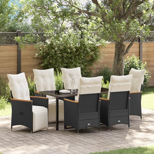 Qnhdfrt 6 Verstellbare Gartenstühle mit Kissen und 1 Tisch Schwarz Poly-Rattan Essgruppe für Balkon Terrasse Garten Outdoor Möbel Set von Qnhdfrt