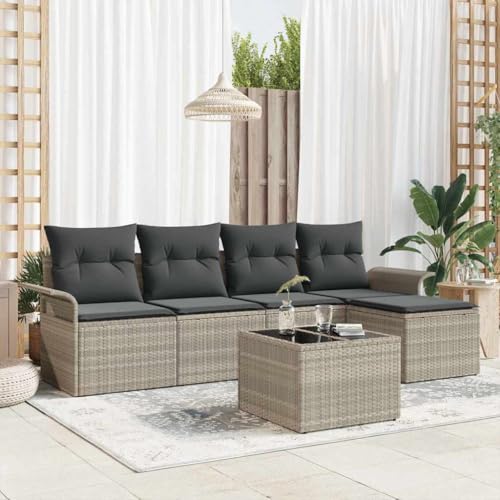 Qnhdfrt 6 teiliges Garten Sofa Set Hellgrau Outdoor Sitzgruppe aus Poly Rattan mit Tisch und Kissen für Balkon Terrasse Garten von Qnhdfrt
