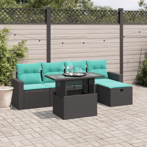 Qnhdfrt 6 teiliges Gartensofa Set Schwarzes Polyrattan mit höhenverstellbarem Tisch 100 cm Sitzgruppe Outdoor für Balkon Terrasse Garten Lounge Esstisch und Sitzelemente platzsparend von Qnhdfrt