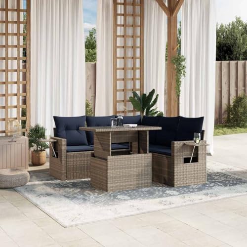 Qnhdfrt 6-teiliges Gartensofa Set grau Polyrattan mit höhenverstellbarem Glastisch klappbaren Seitentischen und Marineblue Kissen modular für Balkon Terrasse und kleinen Garten von Qnhdfrt