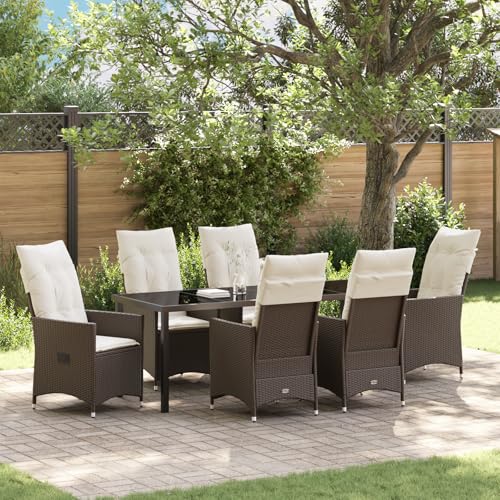 Qnhdfrt 7-TLG Brauner Outdoor Gartenstühle Set mit Kissen, Poly-Rattan und Stahlrahmen für Garten Terrasse Balkon – Verstellbare Rückenlehne, Robuste Gartenmöbel von Qnhdfrt