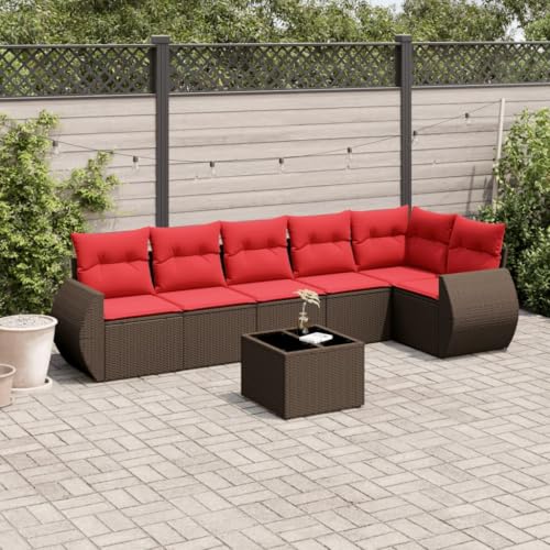 Qnhdfrt 7-TLG Gartensofa Set Polyrattan braun mit rotem Kissen 62x62x69 cm modulare Sitzgruppe mit Glastisch Robustes Design für Balkon Terrasse und kleinen Garten von Qnhdfrt