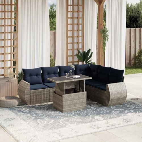 Qnhdfrt 7-TLG Gartensofa Set Polyrattan grau mit verstellbarem Esstisch 100x55cm modulare Balkonmöbel Sitzgruppe mit Marineblauen Kissen UV-beständig für Garten Terrasse Balkon Qnhdfrt 7-TLG Gartensofa Set Polyrattan grau mit verstellbarem Esstisch 100x55cm modulare Balkonmöbel Sitzgruppe mit Marineblauen Kissen UV-beständig für Garten Terrasse Balkon von Qnhdfrt