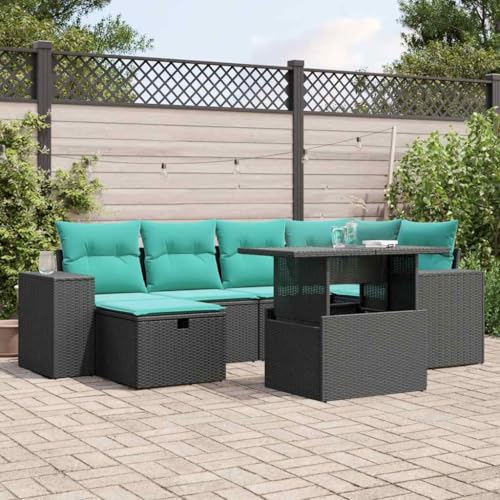 Qnhdfrt 7-TLG Gartensofa-Set Schwarz Polyrattan mit verstellbarem Glastisch & abnehmbaren Blauen Kissen 110 kg Belastbar modulare Lounge für Balkon Terrasse Garten Outdoor Sitzgruppe von Qnhdfrt