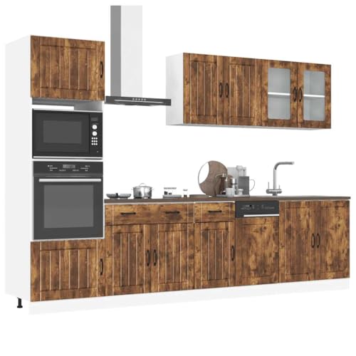 Qnhdfrt 7-TLG Küchenschrank-Set Lucca Räuchereiche Holzwerkstoff mit Glas Hängeschrank und Unterschränken Optimierter Stauraum für Kücheneinrichtung von Qnhdfrt
