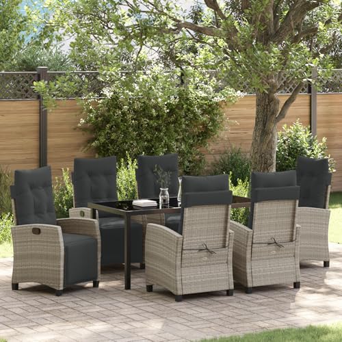 Qnhdfrt 7-TLG. Garten-Essgruppe Hellgrau Poly-Rattan Set mit Verstellbarer Rückenlehne für Terrasse Garten Balkon von Qnhdfrt