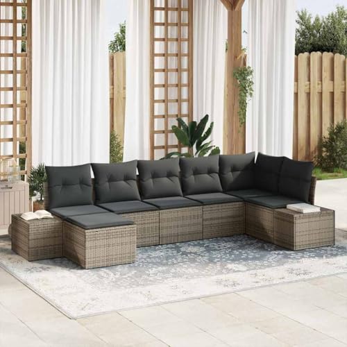Qnhdfrt 7-TLG. Garten Sofa Set Grau Poly Rattan mit Kissen Modernes Design Modulares Outdoor Lounge Set für Balkon Terrasse und Garten von Qnhdfrt