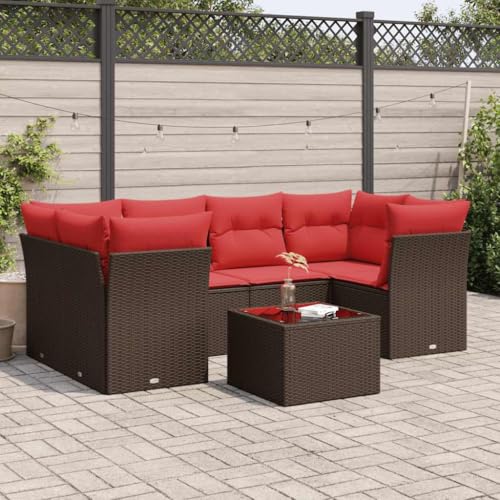 Qnhdfrt 7-TLG. Garten Sofagarnitur Set aus PE Rattan Braun mit Polsterkissen Rot und Glas Tischplatte, Modulares Lounge Set für Terrasse Garten und Balkon von Qnhdfrt