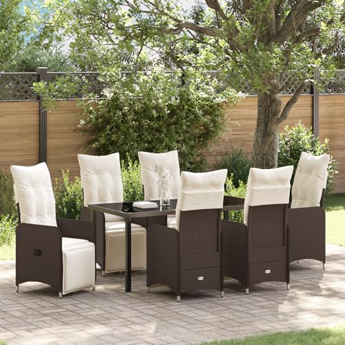 Qnhdfrt 7-TLG. Gartenstühle Set Braun Poly Rattan mit Cremeweißen Kissen Verstellbare Liegestühle für Outdoor Entspannung im Garten Terrasse Balkon Modernes Design und Leichtigkeit von Qnhdfrt