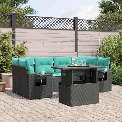 Qnhdfrt 7-Teilig Gartensofa Set schwarzes Polyrattan 100 cm Esstisch höhenverstellbar klappbare Beistelltische dick gepolsterte Kissen modular Balkonmöbel für Garten Terrasse und kleine Balkone von Qnhdfrt