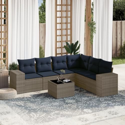Qnhdfrt 7-Teiliges Balkon-Garten-Sofa-Set Polyrattan Lounge-Set 62 x 62 x 69 cm mit Glastisch & Marineblau Kissen UV-beständig für Garten Terrasse Kleiner Balkon von Qnhdfrt