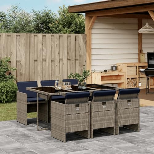 Qnhdfrt 7-Teiliges Garten-ESS-Set mit Glastisch und 6 Klappstühlen in Grau-Marineblau 165 x 106 cm UV-beständiges Polyrattan Möbelset Balkon Terrasse Outdoor Essgruppe von Qnhdfrt