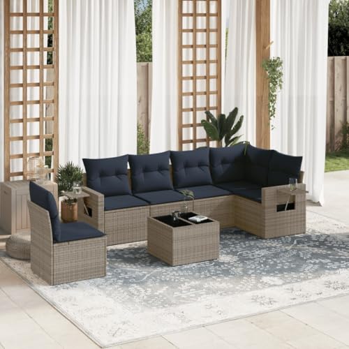 Qnhdfrt 7-Teiliges Gartensofa-Set Polyrattan Gartengarnitur mit Sitzbank Eckbank Mittelbank Armsofa Glastisch 55x55 cm Marineblau Kissen Modular für Balkon Garten Terrasse von Qnhdfrt