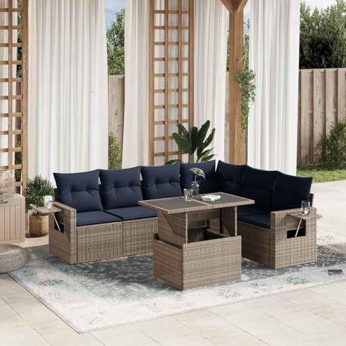 Qnhdfrt 7-Teiliges Gartensofa Set Polyrattan mit verstellbarem Esstisch 100x55 cm Outdoor Sitzgarnituren grau Marineblau Kissen Modular für Garten Terrasse Balkon Qnhdfrt 7-Teiliges Gartensofa Set Polyrattan mit verstellbarem Esstisch 100x55 cm Outdoor Sitzgarnituren grau Marineblau Kissen Modular für Garten Terrasse Balkon von Qnhdfrt