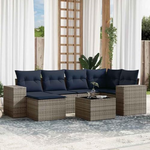 Qnhdfrt 7-Teiliges Polyrattan Gartenmöbel Set mit Glastisch, Marineblau gepolstert, UV-beständig und modular für Balkon Terrasse und Garten Qnhdfrt 7-Teiliges Polyrattan Gartenmöbel Set mit Glastisch, Marineblau gepolstert, UV-beständig und modular für Balkon Terrasse und Garten von Qnhdfrt