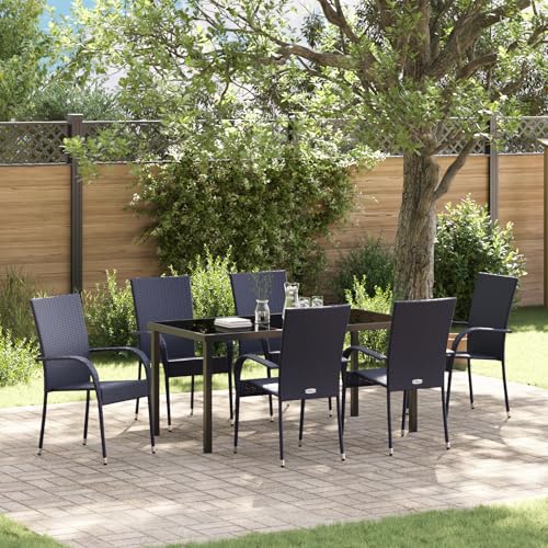 Qnhdfrt 7-teilige Garten-Essgruppe Schwarz Poly-Rattan Stapelbare Stühle mit Tisch Modernes Design Robust für Garten Terrasse Balkon Outdoor Möbel von Qnhdfrt