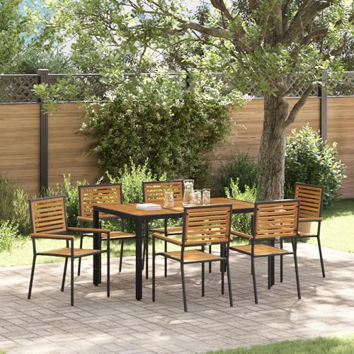 Qnhdfrt 7-teilige Garten Essgruppe Schwarz Rechteckig Outdoor Esstisch und 6 Stühle aus Metall Stahl mit Akazie Holzdetails Modernes Design für Terrasse Garten von Qnhdfrt