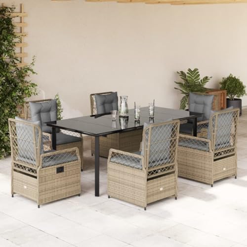 Qnhdfrt 7 teilige Garten Essgruppe mit Kissen PE Rattan Outdoor Sitzgruppe Set mit Glas Tisch und Verstellbaren Stühlen für Garten Balkon Terrasse Qnhdfrt 7 teilige Garten Essgruppe mit Kissen PE Rattan Outdoor Sitzgruppe Set mit Glas Tisch und Verstellbaren Stühlen für Garten Balkon Terrasse von Qnhdfrt