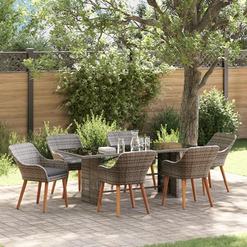 Qnhdfrt 7-teilige Outdoor Esstischgruppe Grau Poly Rattan mit Glasplatte für Garten Terrasse Balkon Modernes Design Robuste Bauweise Gemütliche Sitzgruppe von Qnhdfrt