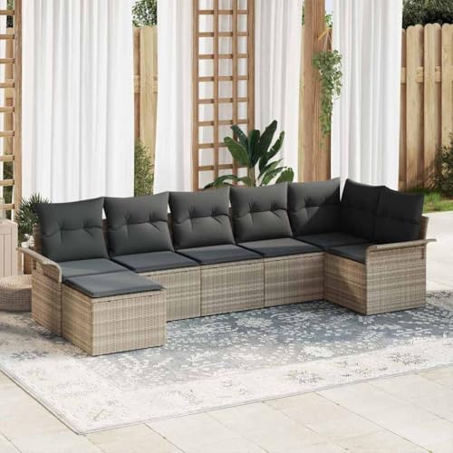 Qnhdfrt 7 teiliges Ecksofa Set Poly Rattan Hellgrau Outdoor Gartenmöbel mit Kissen Modular für Balkon Terrasse Garten von Qnhdfrt
