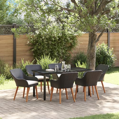 Qnhdfrt 7-teiliges Esstisch Set aus schwarzem Poly Rattan Rechteckig Gartenmöbel für Balkon und Terrasse mit gepolsterten Stühlen Outdoor Tischgarnitur von Qnhdfrt
