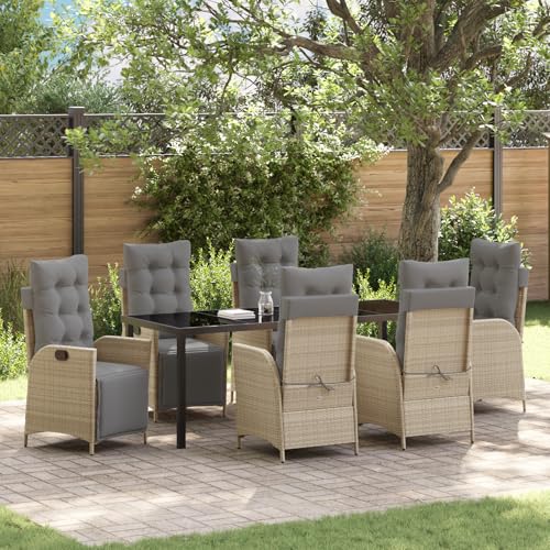 Qnhdfrt 7-teiliges Garten-Dining-Set Beige Poly-Rattan Gartenstühle mit Verstellbarer Rückenlehne und Kissen für Terrasse Balkon Outdoor Möbel Gartenmöbel von Qnhdfrt
