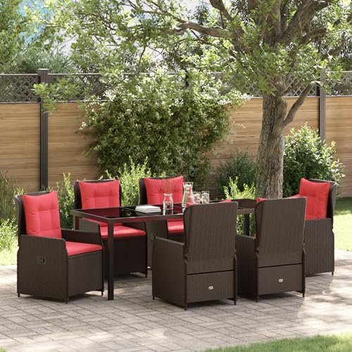 Qnhdfrt 7-teiliges Garten ESS-Set Braun Poly-Rattan mit 6 verstellbaren Gartenstühlen und Tisch für Outdoor Terrasse Balkon Garten – Wetterbeständig und Komfortabel von Qnhdfrt