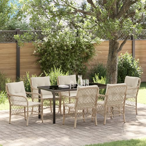 Qnhdfrt 7-teiliges Garten Essgruppe Set mit Kissen Beige Poly Rattan Rechteckig für Outdoor Terrasse Balkon Modernes Design Robust und Komfortabel von Qnhdfrt