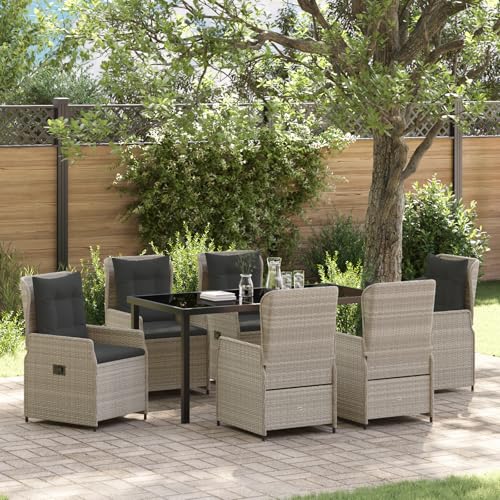 Qnhdfrt 7-teiliges Garten Essset Hellgrau Poly-Rattan mit Stahlrahmen 6-Sitzer Outdoor Möbel Set Rechteckiger Tisch für Balkon Terrasse Garten von Qnhdfrt
