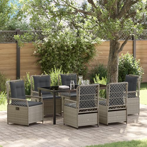 Qnhdfrt 7-teiliges Garten Esstisch Set Hellgrau Poly Rattan mit 6 verstellbaren Stühlen und Tisch für Balkon Terrasse Garten Outdoor Möbel Modernes Design Robust und Langlebig von Qnhdfrt
