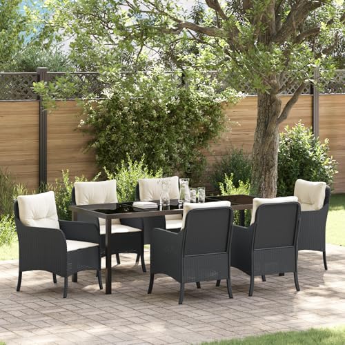 Qnhdfrt 7-teiliges Garten Esstisch Set Schwarz Poly-Rattan mit Kissen Rechteckig Outdoor Möbel Modern Robust für Terrasse Balkon Garten von Qnhdfrt