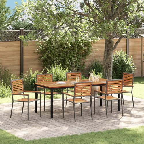 Qnhdfrt 7-teiliges Garten Esszimmer Set Grau Outdoor Möbel aus Poly Rattan und Akazie Holz Rechteckig für Terrasse Balkon mit Modernem Design Robustheit und Stapelbarkeit von Qnhdfrt