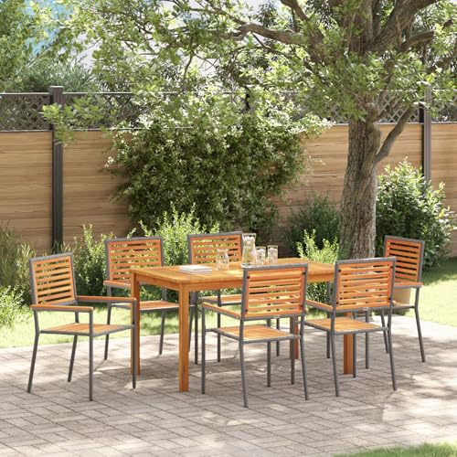 Qnhdfrt 7-teiliges Garten Esszimmer Set Grau Rechteckiger Tisch mit 6 Stapelbaren Stühlen aus Metall und Akazienholz für Terrasse Balkon Garten von Qnhdfrt