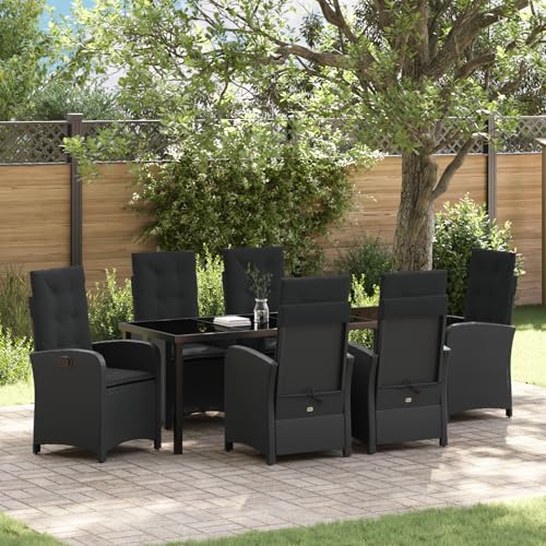 Qnhdfrt 7-teiliges Garten Esszimmer Set Schwarz Poly-Rattan Outdoor Möbel mit Kissen und Verstellbarer Rückenlehne für Terrasse Balkon von Qnhdfrt
