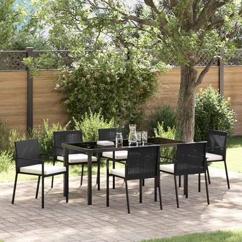 Qnhdfrt 7-teiliges Garten-Esszimmer-Set Schwarz Poly-Rattan Rechteckig Modernes Design Robust für Terrasse Garten Balkon Outdoor-Möbel mit atmungsaktiven Kissen von Qnhdfrt