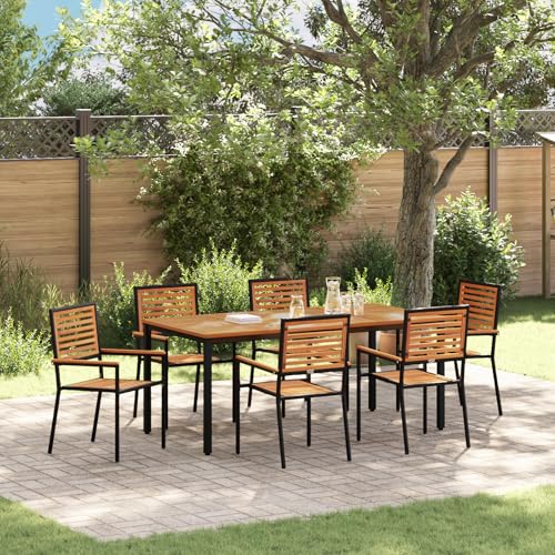 Qnhdfrt 7-teiliges Garten Esszimmer Set Schwarz Rechteckig Poly Rattan Akazie Holz Outdoor Esstisch mit stapelbaren Stühlen für 6 Personen Terrasse Balkon Garten von Qnhdfrt