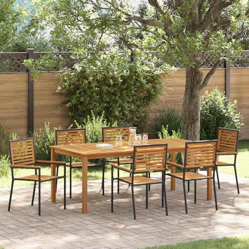Qnhdfrt 7-teiliges Garten-Esszimmer Set Schwarz Rechteckig aus Metall und Akazie Holz mit 6 Stühlen für Balkon Terrasse Garten Modernes Design UV-beständig und langlebig von Qnhdfrt