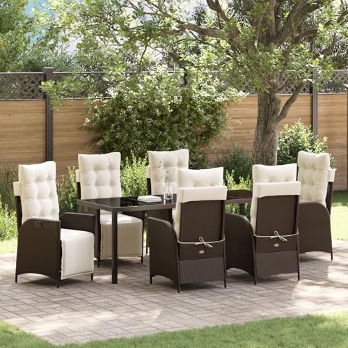 Qnhdfrt 7-teiliges Garten-Esszimmer Set aus Braunem Poly-Rattan mit Verstellbaren Stühlen und Tisch für Garten Terrasse Balkon – Robustes Design Cremefarbene Kissen Outdoor Möbel von Qnhdfrt