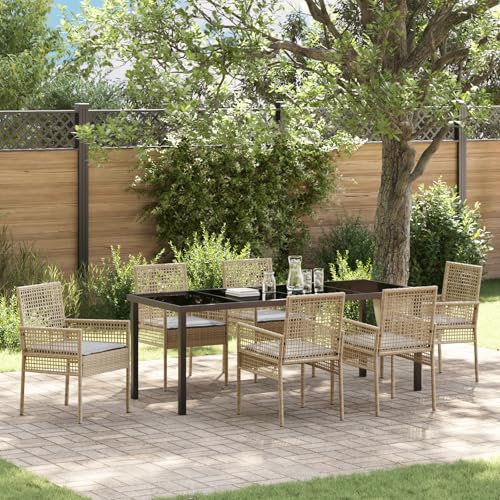 Qnhdfrt 7-teiliges Garten Esszimmer Set mit Kissen Beige Rechteckig aus Synthetischem Poly-Rattan für 6 Personen Modernes Design für Terrasse Garten Balkon von Qnhdfrt