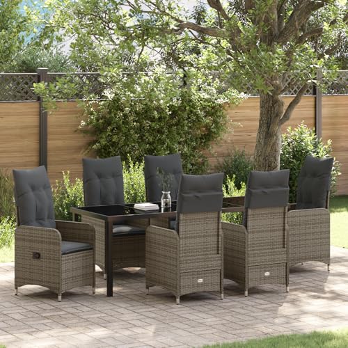 Qnhdfrt 7-teiliges Gartenmöbel Set mit verstellbaren Stühlen Grau Poly Rattan inklusive Kissen für Garten Balkon Terrasse – Modernes Design Robust Leicht und Bequem von Qnhdfrt