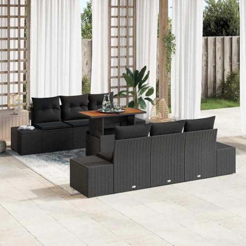 Qnhdfrt 7-teiliges Gartensofa Set Schwarz Poly Rattan mit Akazienholz, Modernes Outdoor Lounge Set mit Stauraum, Wetterfest für Garten, Balkon und Terrasse von Qnhdfrt