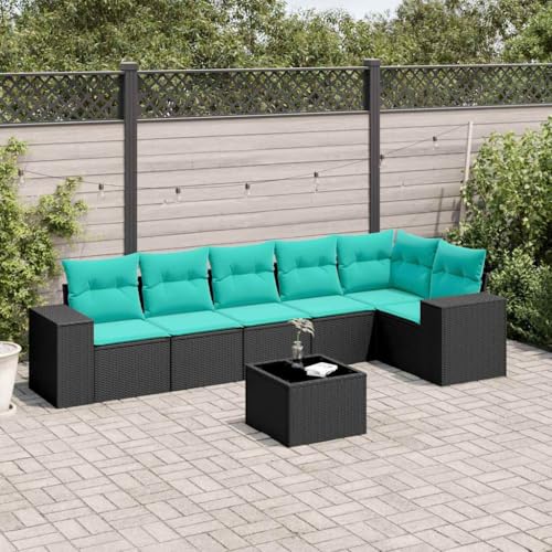 Qnhdfrt 7-teiliges Gartensofa Set Schwarz Polyrattan mit Blauen Kissen modular Eckbank Mittelbank Armsofa Glastisch 55x55cm Modernes Design Robust und Langlebig für Balkon Terrasse Garten von Qnhdfrt