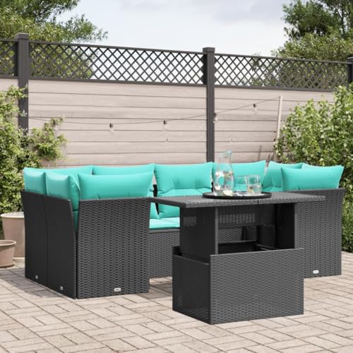 Qnhdfrt 7-teiliges Gartensofa-Set Schwarz aus wetterfestem Polyrattan mit höhenverstellbarem Glastisch & blauen 3 cm Sitzkissen platzsparend modular für Balkon Terrasse und kleine Outdoor-Sitzecke von Qnhdfrt