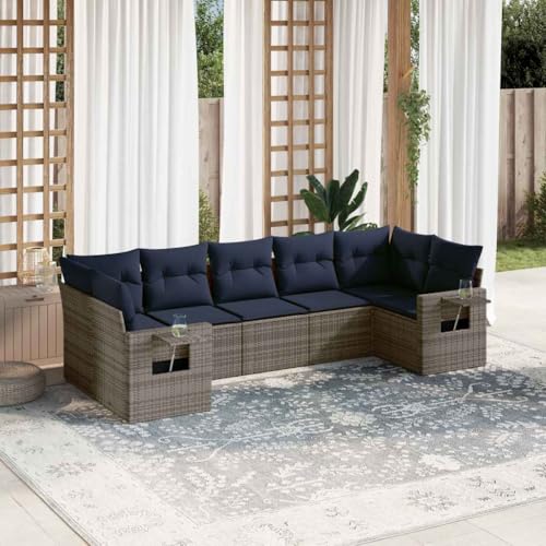 Qnhdfrt 7-teiliges Gartensofa Set grau Polyrattan 62x62x69 cm klappbare Beistelltische dick gepolsterte Kissen modular Outdoor Sitzgruppe für Garten Terrasse Balkon von Qnhdfrt